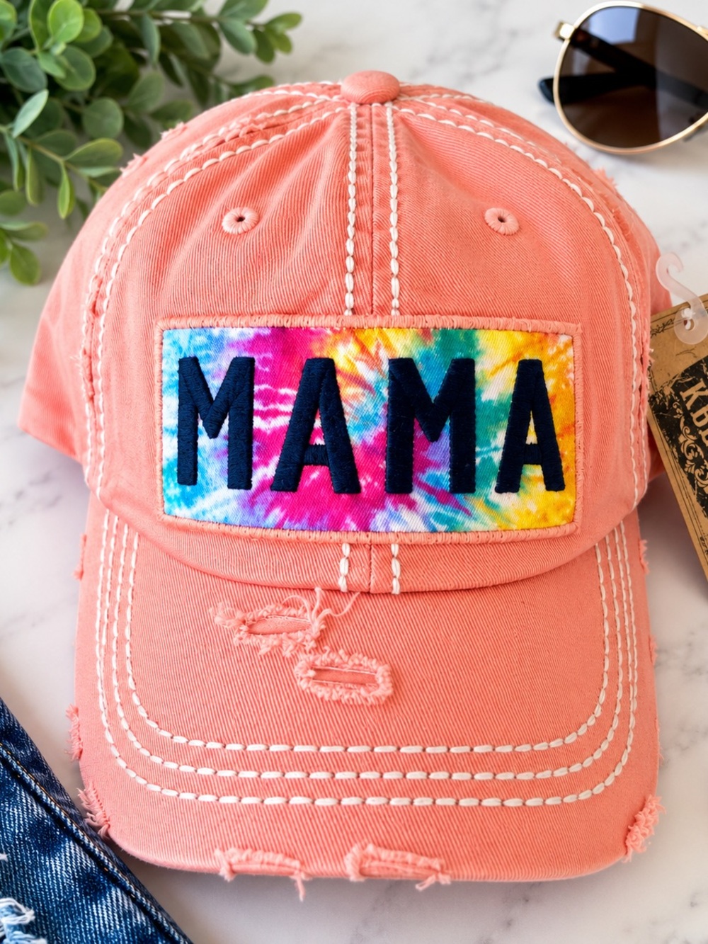 KBETHOS “MAMA” Tie-Dye Patch Distressed Baseball Cap